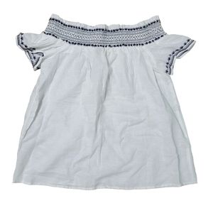 Ann Taylor Off-the-Shoulder Linen Blend Top Navy Smocking & Embroidery Size M